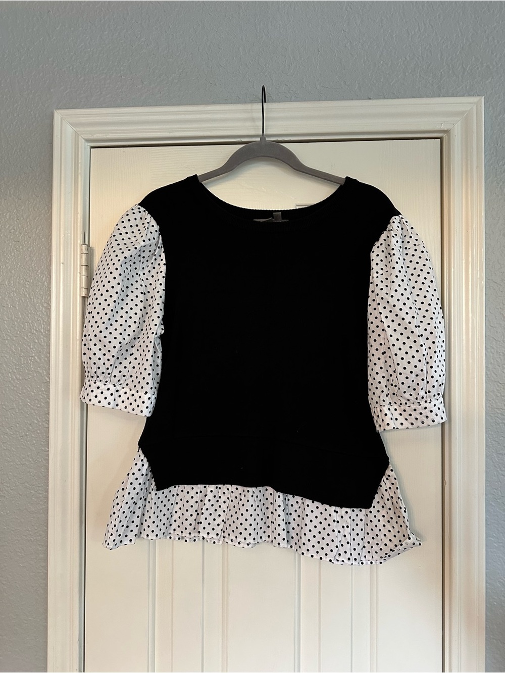 Anthropologie Black Top with White Polka Dot Puff Sleeves